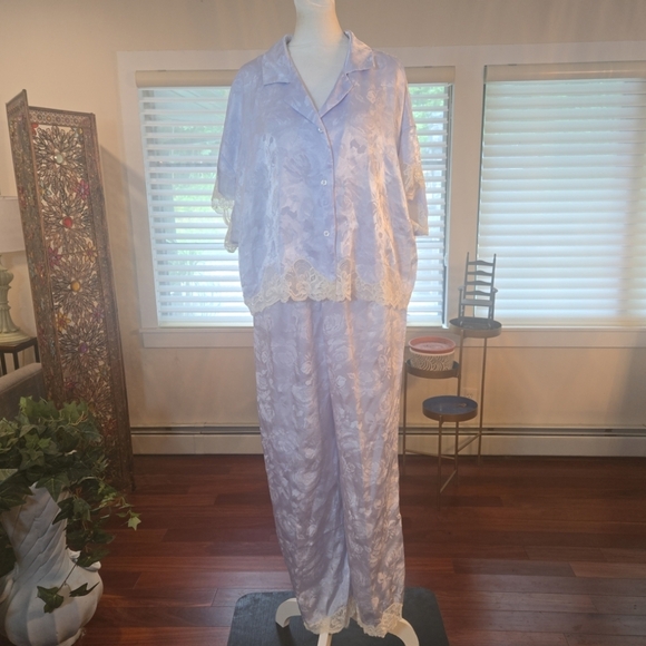 VTG Christian Dior Floral Lace Bow Satin Negligee Pajama Set Light Blue Large - Picture 1 of 15
